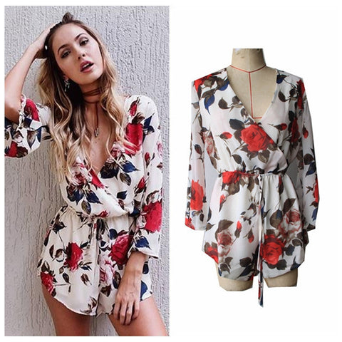 2016 Floral Jumpsuit Women Print Sexy Deep V neck Elastic Waist Loose Rompers Womens Jumpsuit Playsuit Overalls mono S6608