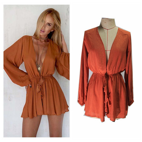 2016 Jumpsuit Women Deep V neck Loose Jumpsuit Long Sleeve Adjustable Waist With Sashes Rompers Playsuit Overalls macacao S6406