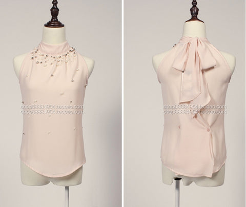 2016 New Arrival Women Tops Beading Chiffon Blouse Halter Sleeveless Turtleneck Loose Chiffon Blouse Shirt Women T51223