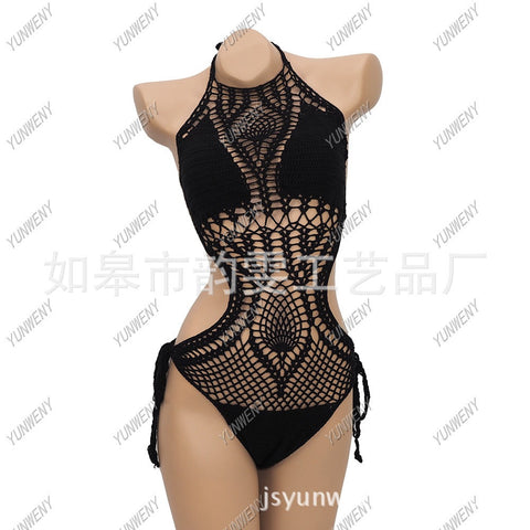 Beach Wear Jumpsuit One Piece Hollow Out Manual Tricot Swimsuit Halter Women Bodysuit Knitted Bra Padded maillot de bain S6510