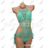 Beach Wear Jumpsuit One Piece Hollow Out Manual Tricot Swimsuit Halter Women Bodysuit Knitted Bra Padded maillot de bain S6510