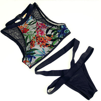 Beach Wear Women's Sets 2016 Floral Women Swimsuit Mesh Back Zipper Swimwear 2 Pieces Sets S51219