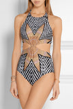 Beach Wear Jumpsuit 2016 One Pieces Swimsuit Vintage Maple Leaf Print Hollow Out Bodysuit Swimwear maillot de bain S6216