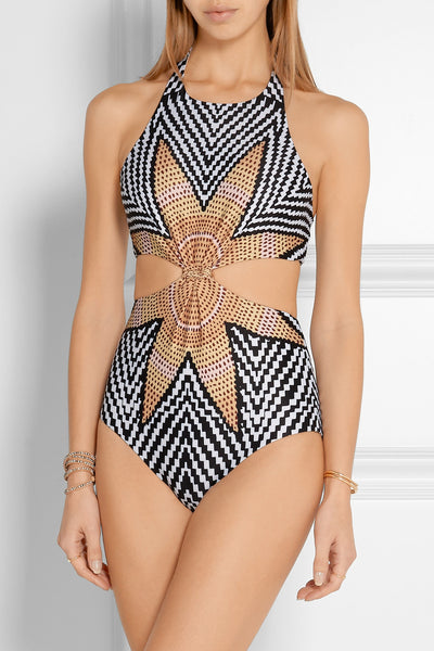 Beach Wear Jumpsuit 2016 One Pieces Swimsuit Vintage Maple Leaf Print Hollow Out Bodysuit Swimwear maillot de bain S6216