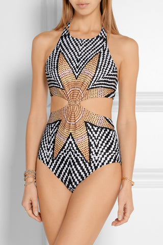 Beach Wear Jumpsuit 2016 One Pieces Swimsuit Vintage Maple Leaf Print Hollow Out Bodysuit Swimwear maillot de bain S6216