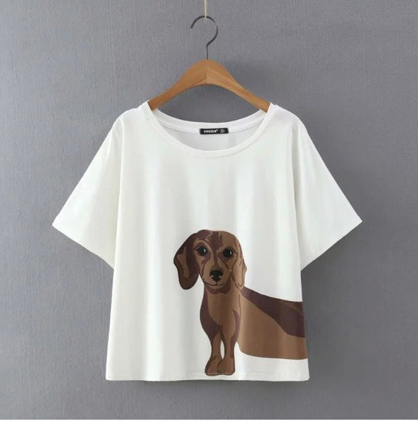 Women Sleep Top Summer Loose Tops T shirt Dachshund Print Short Sleeve Plus Size Cotton Dog Print T6651